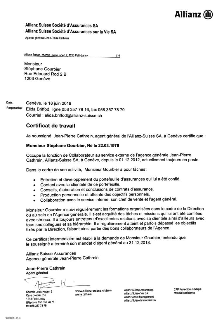 Certificat de travail Allianz 2019