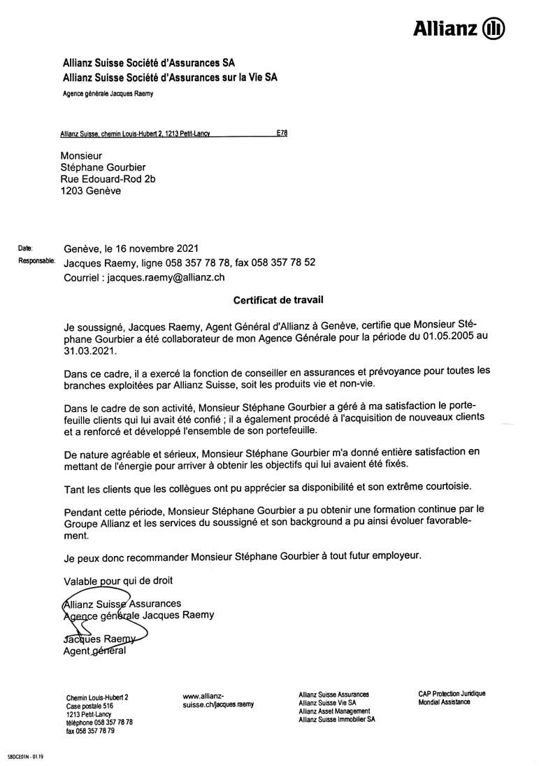 Certificat de travail Allianz 2021